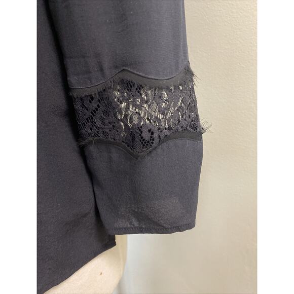 MADEWELL Silk Black Blouse Top Lace Details 3/4 Sleeves Crew Neck Large - Picture 4 of 7